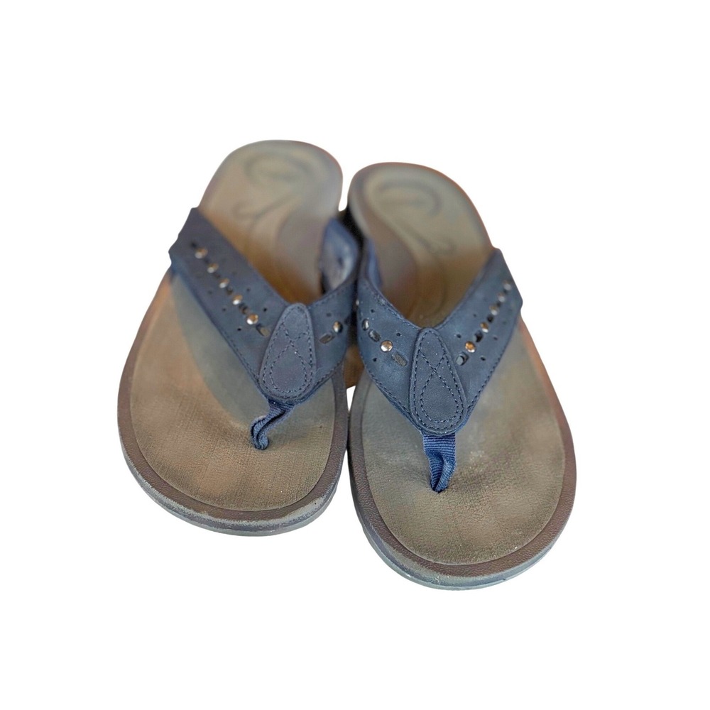 Abeo Armida Navy Blue Leather Studded Thong Sandals Womens 8N  Neutral